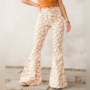 Peach Love California|Boho floral print wide leg bell bottom jeans,neutral tan •